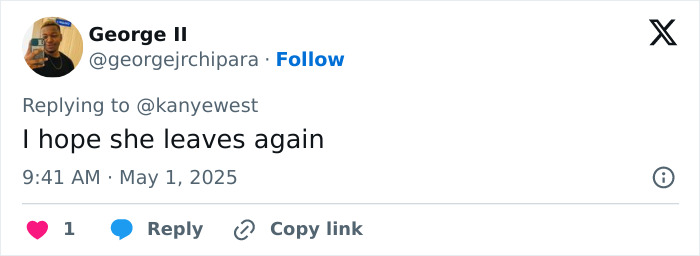 Twitter reply to Kanye West about being subservient to Bianca Censori, displaying user comment and timestamp. Twitter reply to Kanye West about being subservient to Bianca Censori, displaying user comment and timestamp.