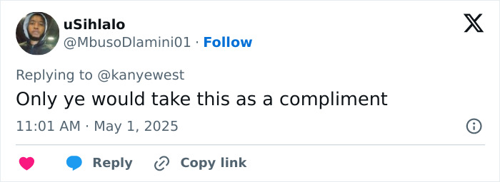 Screenshot of a Twitter reply to Kanye West’s post about being subservient to Bianca Censori’s master. Screenshot of a Twitter reply to Kanye West’s post about being subservient to Bianca Censori’s master.