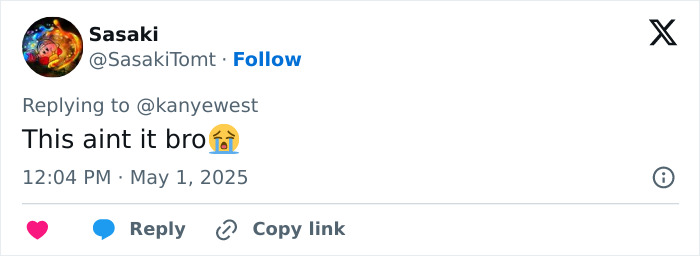 Twitter user Sasaki responds to Kanye West’s post about being subservient to Bianca Censori’s master. Twitter user Sasaki responds to Kanye West’s post about being subservient to Bianca Censori’s master.