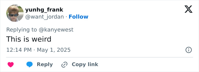 Twitter reply to Kanye West about being subservient to Bianca Censori shared on a social platform in 2025. Twitter reply to Kanye West about being subservient to Bianca Censori shared on a social platform in 2025.
