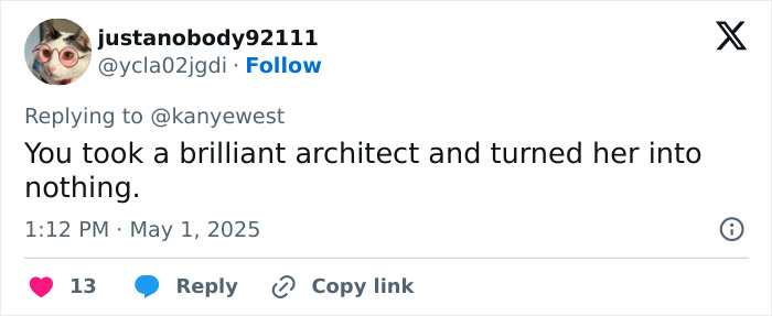 Screenshot of a Twitter reply discussing Kanye West and Bianca Censori in a conversation about being subservient. Screenshot of a Twitter reply discussing Kanye West and Bianca Censori in a conversation about being subservient.