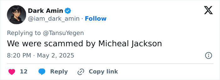 Tweet by Dark Amin stating we were scammed by Michael Jackson, discussing doubts about Michael Jackson's iconic lean. Tweet by Dark Amin stating we were scammed by Michael Jackson, discussing doubts about Michael Jackson's iconic lean.
