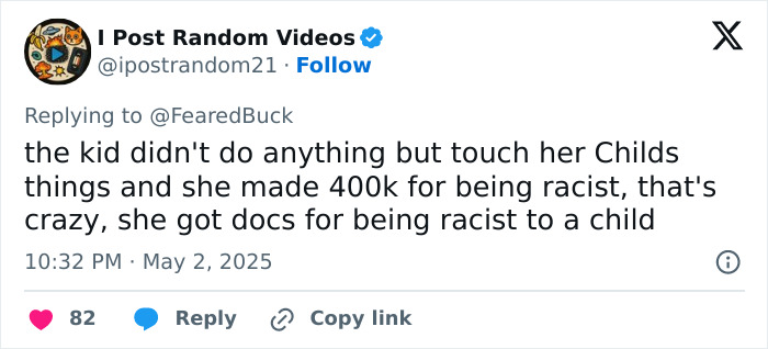 Tweet discussing a racist woman who raised $500K after calling a child the N-word on a playground. Tweet discussing a racist woman who raised $500K after calling a child the N-word on a playground.