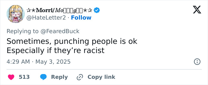 Tweet about punching racist people, highlighted in a social media reply to a controversial racist incident. Tweet about punching racist people, highlighted in a social media reply to a controversial racist incident.