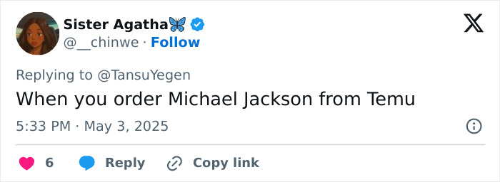Tweet by Sister Agatha discussing Michael Jackson with a sarcastic comment referencing Temu, posted in May 2025. Tweet by Sister Agatha discussing Michael Jackson with a sarcastic comment referencing Temu, posted in May 2025.