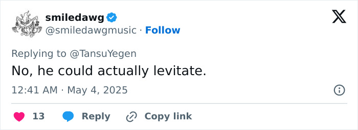 Tweet by smiledawg replying to a Michael Jackson discussion, claiming he could actually levitate, sparking new doubts. Tweet by smiledawg replying to a Michael Jackson discussion, claiming he could actually levitate, sparking new doubts.