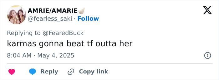 Screenshot of a Twitter reply saying karmas gonna beat tf outta her, related to racist woman raising $500K after playground incident. Screenshot of a Twitter reply saying karmas gonna beat tf outta her, related to racist woman raising $500K after playground incident.