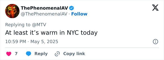 Tweet from ThePhenomenalAV joking about the warm weather in NYC on May 5, 2025, amid Sabrina Carpenter pantless Met Gala 2025 buzz. Tweet from ThePhenomenalAV joking about the warm weather in NYC on May 5, 2025, amid Sabrina Carpenter pantless Met Gala 2025 buzz.