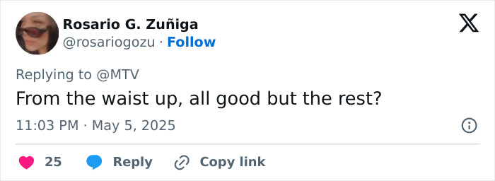 Tweet screenshot showing a user commenting on Sabrina Carpenter’s pantless outfits at Met Gala 2025, stirring criticism online. Tweet screenshot showing a user commenting on Sabrina Carpenter’s pantless outfits at Met Gala 2025, stirring criticism online.
