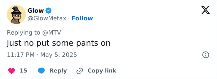 Tweet screenshot showing a user trolling Sabrina Carpenter for pantless outfits at Met Gala 2025. Tweet screenshot showing a user trolling Sabrina Carpenter for pantless outfits at Met Gala 2025.