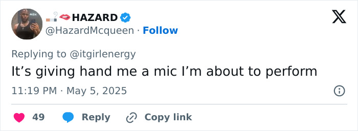 Twitter post by user HazardMcqueen reacting to Sabrina Carpenter’s pantless outfits at Met Gala 2025 with a humorous comment. Twitter post by user HazardMcqueen reacting to Sabrina Carpenter’s pantless outfits at Met Gala 2025 with a humorous comment.