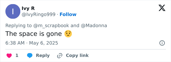 Screenshot of a tweet reacting to Madonna's missing gap, with a sad face emoji expressing surprise. Screenshot of a tweet reacting to Madonna's missing gap, with a sad face emoji expressing surprise.