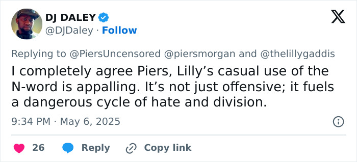 Tweet by DJ Daley responding to a Trad-Wife influencer defending a white mom after calling 5YO the N-word controversy. Tweet by DJ Daley responding to a Trad-Wife influencer defending a white mom after calling 5YO the N-word controversy.