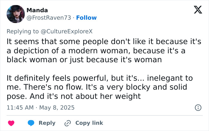 Tweet discussing public opinions on a statue of a black woman in NYC Times Square, highlighting mixed reactions and debate. Tweet discussing public opinions on a statue of a black woman in NYC Times Square, highlighting mixed reactions and debate.
