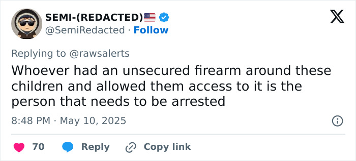 Tweet discussing unsecured firearm around children involved in incident with cops and boys in Minecraft and Star Wars pajamas. Tweet discussing unsecured firearm around children involved in incident with cops and boys in Minecraft and Star Wars pajamas.