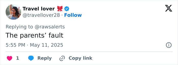 Tweet screenshot showing user Travel lover replying "The parents’ fault" to a comment about cops opening fire on boys in Minecraft and Star Wars pajamas. Tweet screenshot showing user Travel lover replying "The parents’ fault" to a comment about cops opening fire on boys in Minecraft and Star Wars pajamas.