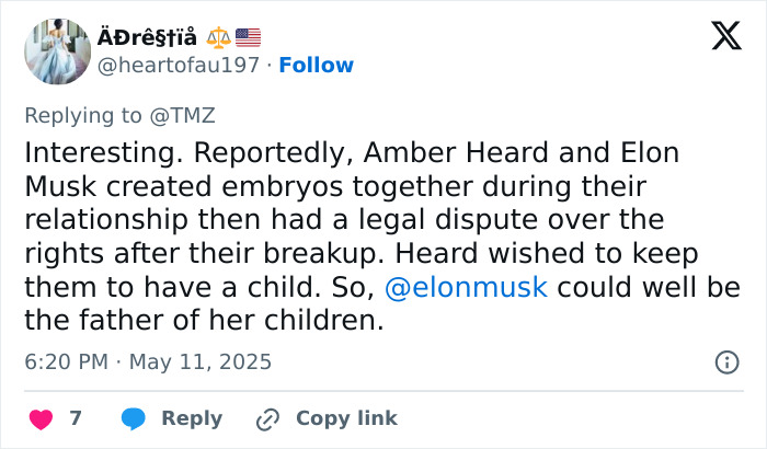 Tweet discussing Elon Musk potentially fathering Amber Heard's twins after embryo rights dispute in their relationship. Tweet discussing Elon Musk potentially fathering Amber Heard's twins after embryo rights dispute in their relationship.