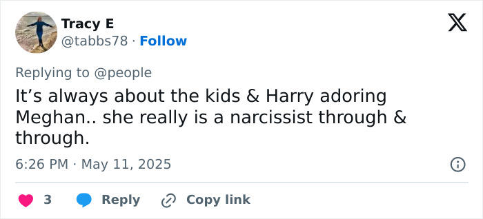 Tweet by Tracy E criticizing Meghan Markle, mentioning Harry and their children Lilibet and Archie after SNL trolling. Tweet by Tracy E criticizing Meghan Markle, mentioning Harry and their children Lilibet and Archie after SNL trolling.