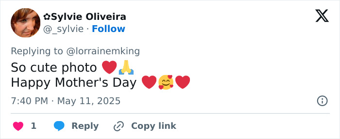 Tweet from Sylvie Oliveira commenting on a cute Mother's Day photo related to Meghan Markle's children Lilibet and Archie. Tweet from Sylvie Oliveira commenting on a cute Mother's Day photo related to Meghan Markle's children Lilibet and Archie.