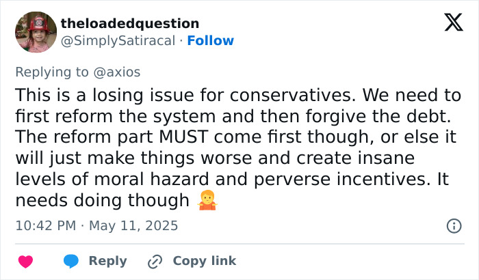 Tweet discussing the challenges of student loan collections and the need for system reform before debt forgiveness. Tweet discussing the challenges of student loan collections and the need for system reform before debt forgiveness.