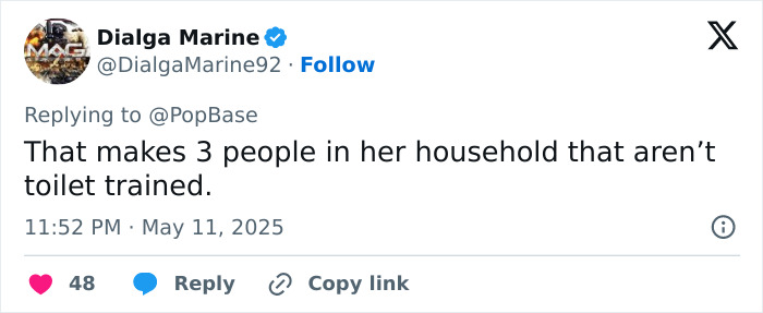 Screenshot of a tweet by Dialga Marine humorously commenting on people not being toilet trained in a household. Screenshot of a tweet by Dialga Marine humorously commenting on people not being toilet trained in a household.