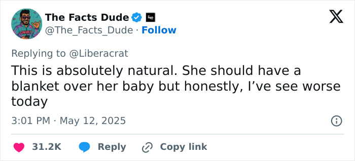 Tweet from The Facts Dude discussing public breastfeeding at a restaurant and opinions about covering up the baby. Tweet from The Facts Dude discussing public breastfeeding at a restaurant and opinions about covering up the baby.