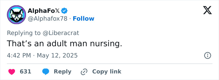 Twitter user AlphaFoX commenting on adult man nursing in a viral post about public breastfeeding controversy. Twitter user AlphaFoX commenting on adult man nursing in a viral post about public breastfeeding controversy.