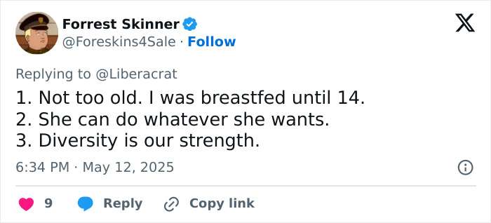 Tweet by Forrest Skinner supporting breastfeeding, stating personal experience and promoting diversity amid public breastfeeding debate. Tweet by Forrest Skinner supporting breastfeeding, stating personal experience and promoting diversity amid public breastfeeding debate.