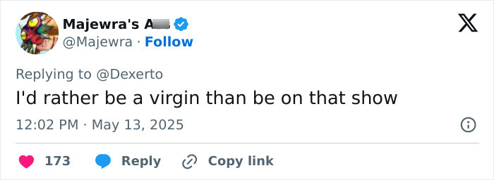 Tweet expressing preference for virginity over participating in a new reality show featuring singles in raunchy challenges. Tweet expressing preference for virginity over participating in a new reality show featuring singles in raunchy challenges.