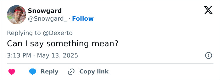 Tweet from Snowgard asking if they can say something mean, related to the new reality show Virgin Island singles challenges. Tweet from Snowgard asking if they can say something mean, related to the new reality show Virgin Island singles challenges.