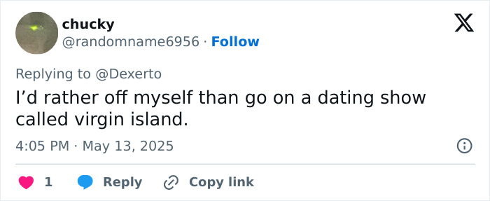 Tweet from user chucky expressing dislike for the new reality show Virgin Island with 12 singles performing raunchy challenges. Tweet from user chucky expressing dislike for the new reality show Virgin Island with 12 singles performing raunchy challenges.