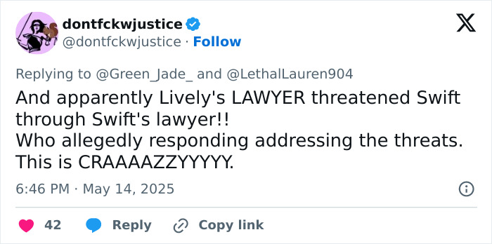 Tweet about Blake Lively allegedly blackmailing Taylor Swift with leaked personal texts amid their legal feud. Tweet about Blake Lively allegedly blackmailing Taylor Swift with leaked personal texts amid their legal feud.