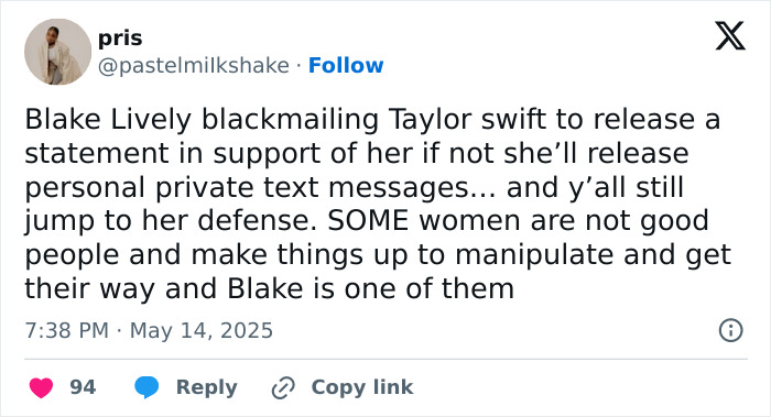 Social media post discussing Blake Lively allegedly blackmailing Taylor Swift with personal text leaks amid feud. Social media post discussing Blake Lively allegedly blackmailing Taylor Swift with personal text leaks amid feud.