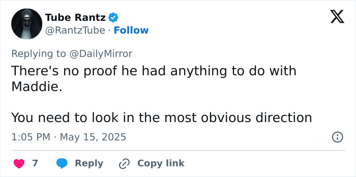 Tweet showing a user disputing the Madeleine McCann suspect's involvement in her disappearance in a reply to Daily Mirror. Tweet showing a user disputing the Madeleine McCann suspect's involvement in her disappearance in a reply to Daily Mirror.