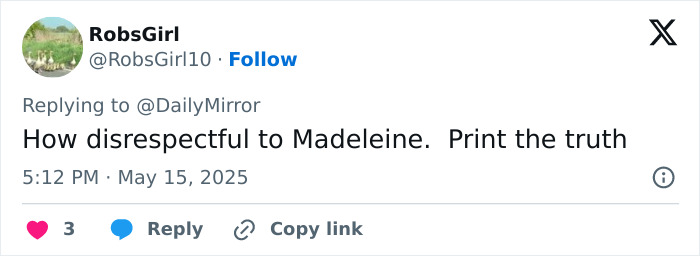 Screenshot of a tweet criticizing disrespect toward Madeleine McCann amid disturbing moment with suspect smirking. Screenshot of a tweet criticizing disrespect toward Madeleine McCann amid disturbing moment with suspect smirking.