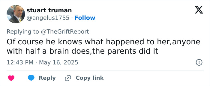 Tweet by user stuart truman discussing the Madeleine McCann suspect’s disturbing smirk when questioned. Tweet by user stuart truman discussing the Madeleine McCann suspect’s disturbing smirk when questioned.