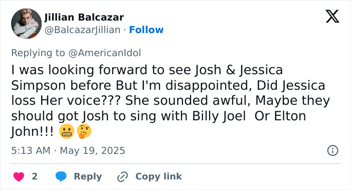 Tweet criticizing Jessica Simpson’s live TV performance after 15 years, describing it as an absolute train wreck. Tweet criticizing Jessica Simpson’s live TV performance after 15 years, describing it as an absolute train wreck.
