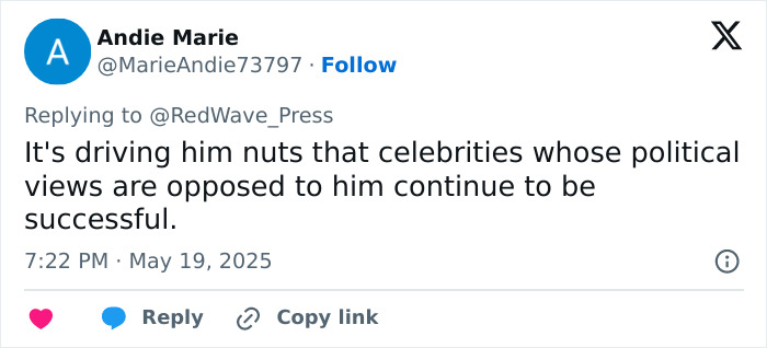 Tweet by Andie Marie criticizing President Trump's reaction to celebrities, related to Taylor Swift and White House response. Tweet by Andie Marie criticizing President Trump's reaction to celebrities, related to Taylor Swift and White House response.