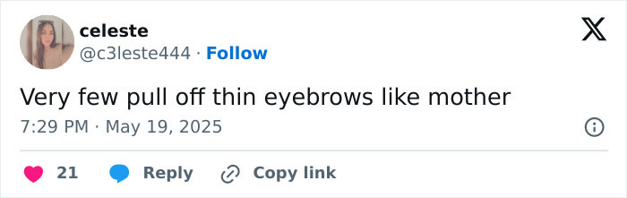 Tweet from user celeste appreciating thin eyebrows, related to Pamela Anderson’s 90s glam makeup comeback with thin brows. Tweet from user celeste appreciating thin eyebrows, related to Pamela Anderson’s 90s glam makeup comeback with thin brows.