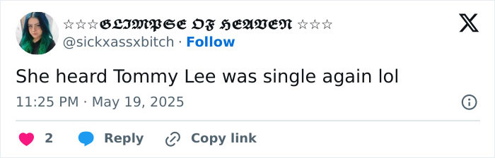 Screenshot of a tweet discussing Tommy Lee's relationship status with a social media username visible. Screenshot of a tweet discussing Tommy Lee's relationship status with a social media username visible.