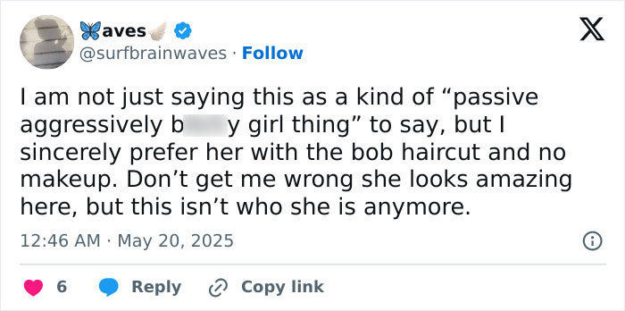 Tweet discussing preference for Pamela Anderson's bob haircut and no makeup look versus her 90s glam makeup return. Tweet discussing preference for Pamela Anderson's bob haircut and no makeup look versus her 90s glam makeup return.
