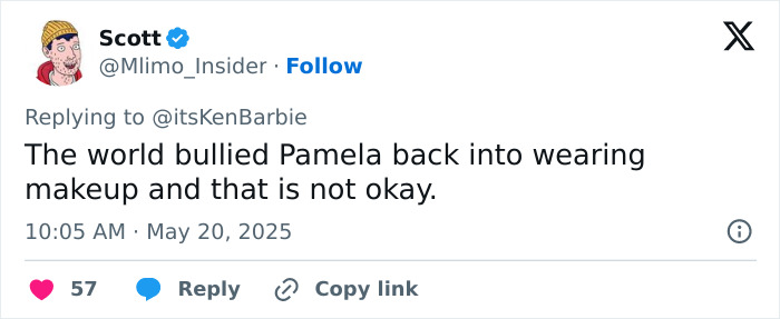 Tweet discussing Pamela Anderson returning to 90s glam makeup after years of embracing her natural look. Tweet discussing Pamela Anderson returning to 90s glam makeup after years of embracing her natural look.