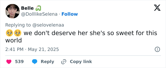 Tweet expressing admiration for Selena Gomez quietly supporting Hailey Bieber after Justin's Vogue remark. Tweet expressing admiration for Selena Gomez quietly supporting Hailey Bieber after Justin's Vogue remark.