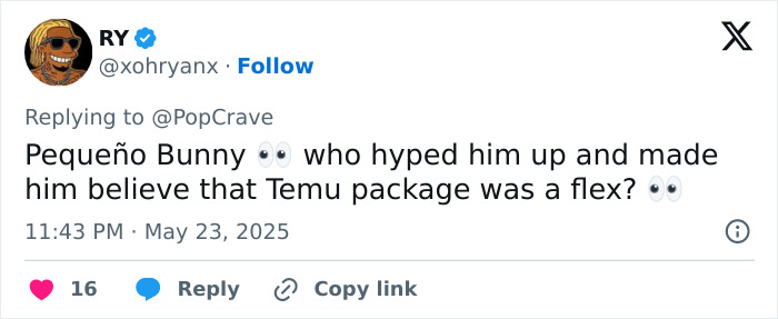 Tweet from user RY commenting on Bad Bunny hype involving Temu package, sparking fan reactions and social media buzz. Tweet from user RY commenting on Bad Bunny hype involving Temu package, sparking fan reactions and social media buzz.