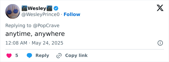 Screenshot of a tweet reply from Wesley with the text anytime, anywhere, related to Bad Bunny revealing underwear selfie. Screenshot of a tweet reply from Wesley with the text anytime, anywhere, related to Bad Bunny revealing underwear selfie.