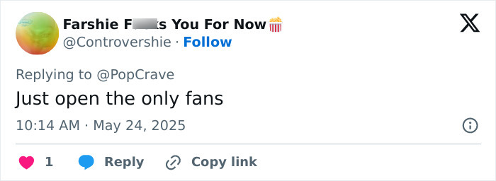 Screenshot of a tweet replying to PopCrave with a comment about OnlyFans. Screenshot of a tweet replying to PopCrave with a comment about OnlyFans.