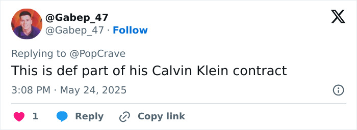 User @Gabep_47 replying to @PopCrave, mentioning Calvin Klein contract related to Bad Bunny underwear selfie. User @Gabep_47 replying to @PopCrave, mentioning Calvin Klein contract related to Bad Bunny underwear selfie.