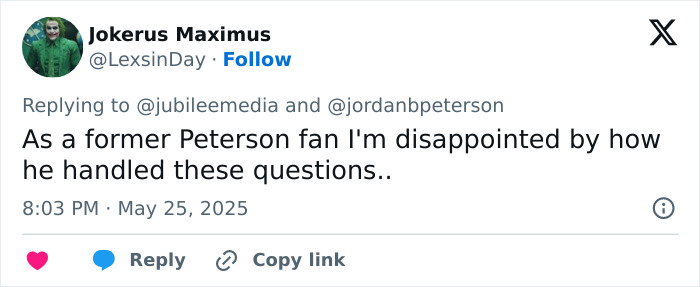 Tweet from a user expressing disappointment in Jordan Peterson’s handling of questions in a debate with atheists. Tweet from a user expressing disappointment in Jordan Peterson’s handling of questions in a debate with atheists.