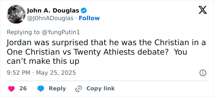 Tweet showing Jordan Peterson mentioned in debate with atheists, highlighting a surprising moment in the atheist debate discussion. Tweet showing Jordan Peterson mentioned in debate with atheists, highlighting a surprising moment in the atheist debate discussion.
