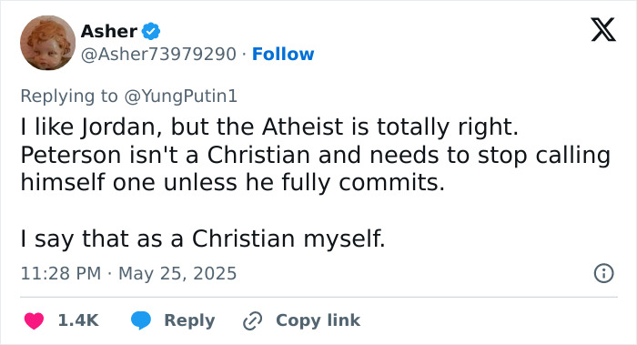 Tweet discussing Jordan Peterson and atheists, debating religious identity and commitment in a public online conversation. Tweet discussing Jordan Peterson and atheists, debating religious identity and commitment in a public online conversation.